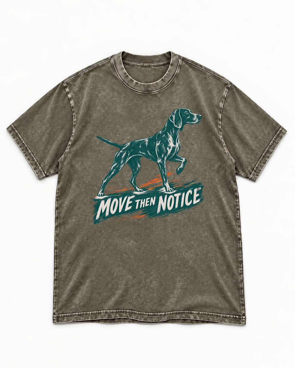 German Shorthaired Pointer Move Then Notice Brushstroke Graphic Washed Tee in Army Green, flat lay product photo