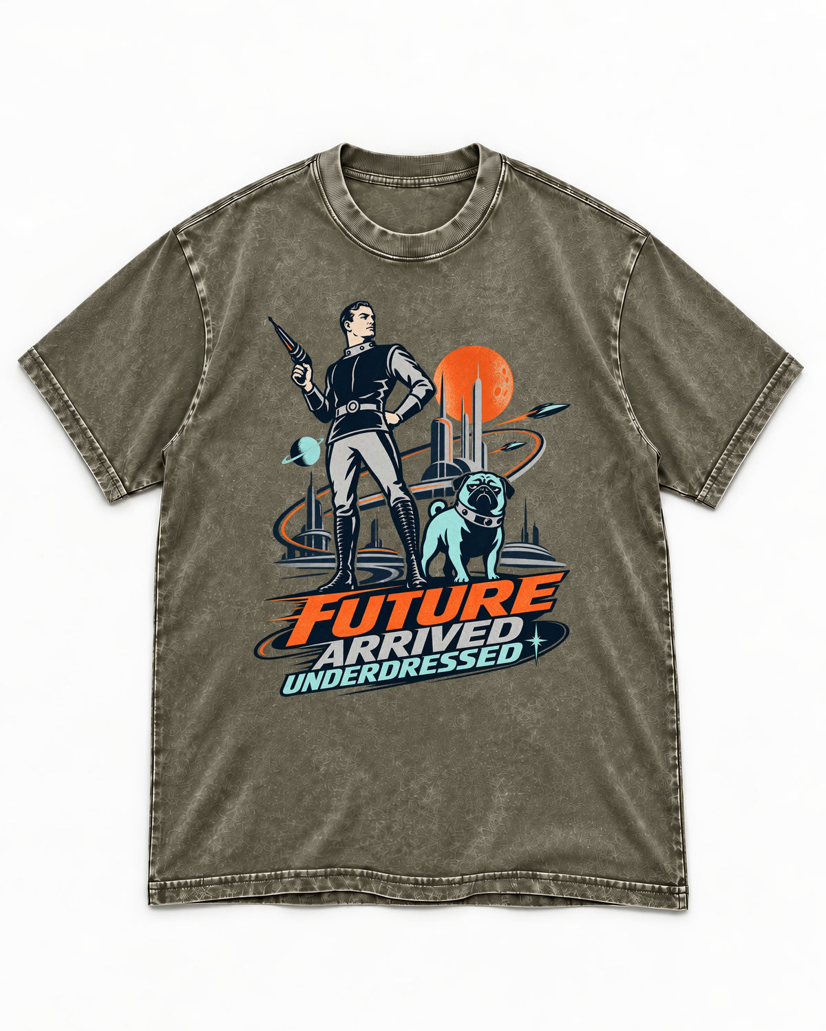 Pug Future Arrived Underdressed Space Hero Graphic Washed Tee in Army Green, flat lay product photo