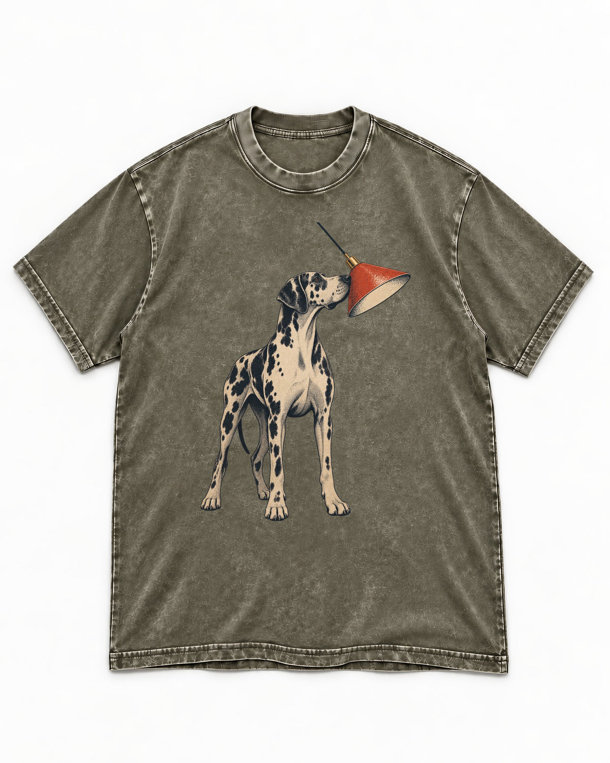 Great Dane Inspecting Hanging Lamp Graphic Washed Tee in Army Green, flat lay product photo