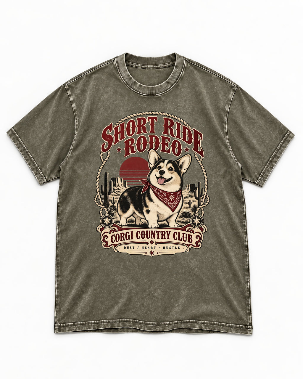 Corgi Short Ride Rodeo Country Club Badge Washed Tee in Army Green, flat lay product photo