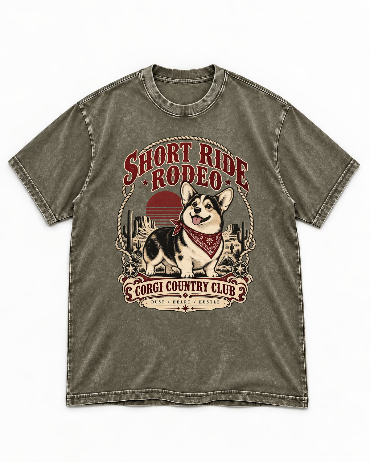 Corgi Short Ride Rodeo Country Club Badge Washed Tee in Army Green, flat lay product photo