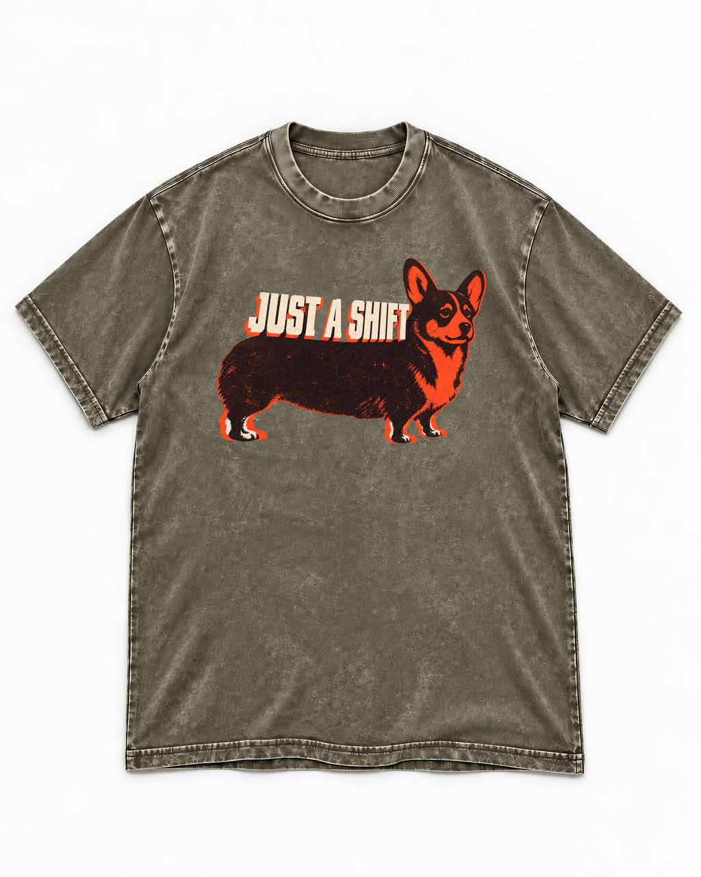Corgi Just a Shift Typographic Graphic Washed Tee in Army Green, flat lay product photo