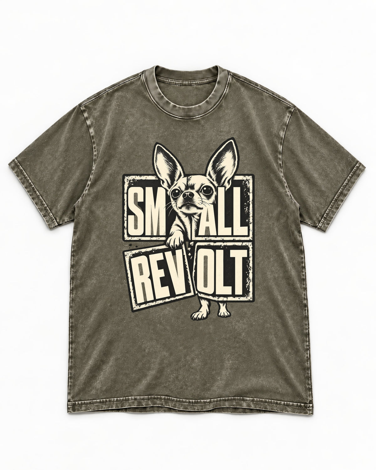 Chihuahua Small Revolt Broken Grid Graphic Washed Tee in Army Green, flat lay product photo