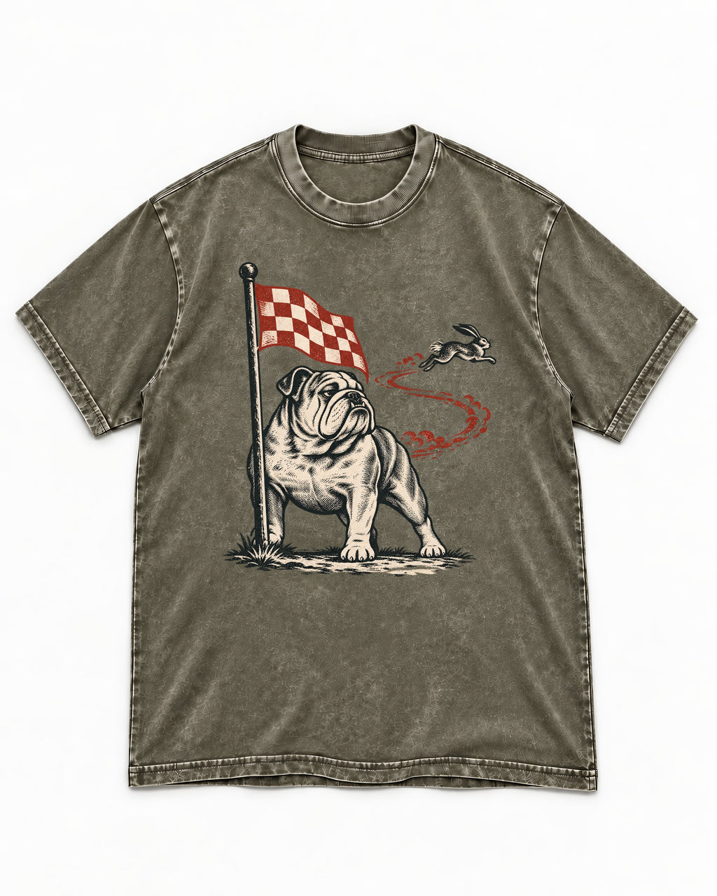 English Bulldog Checkered Flag Rabbit Chase Washed Tee in Army Green, flat lay product photo