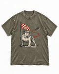 English Bulldog Checkered Flag Rabbit Chase Washed Tee in Army Green, flat lay product photo