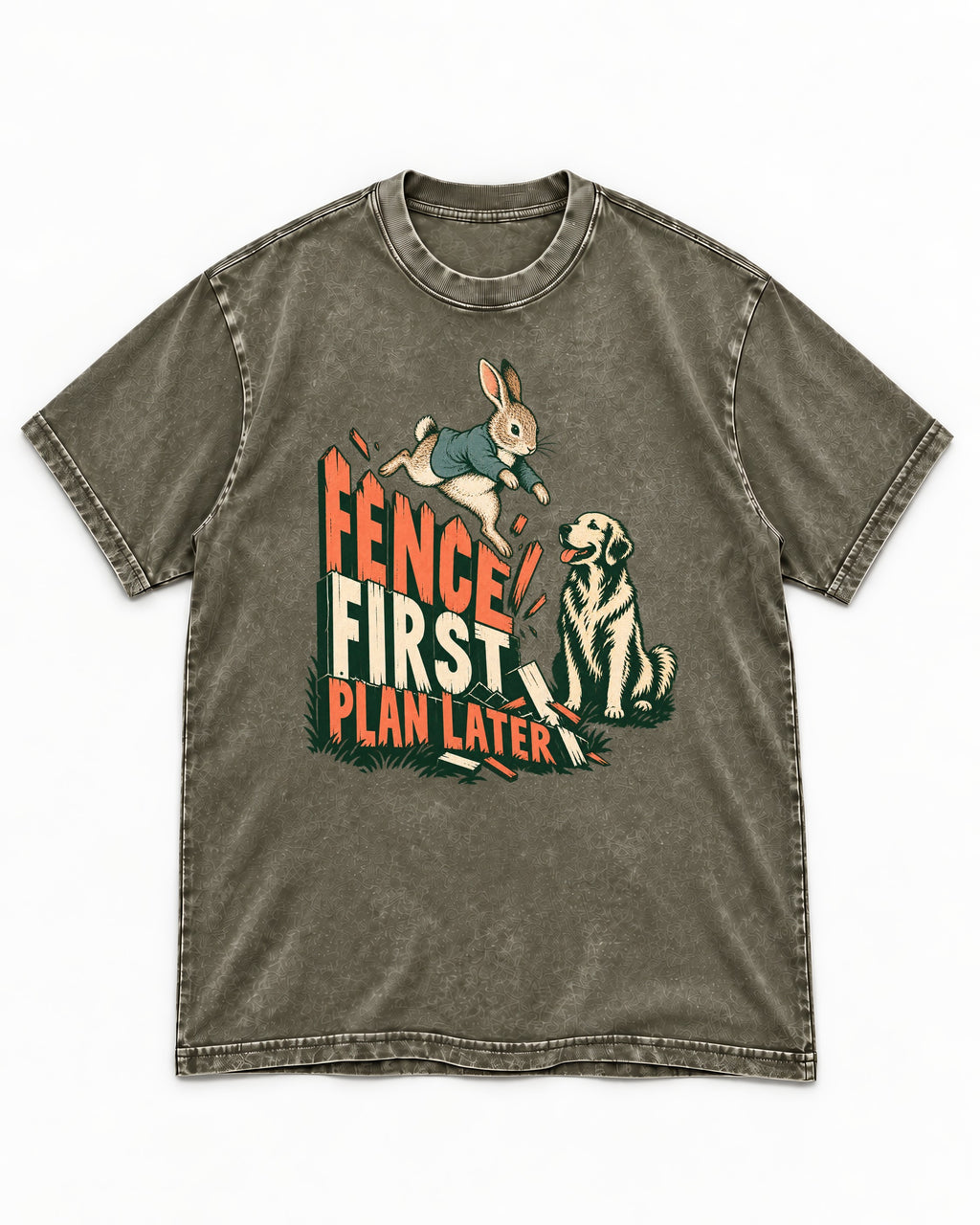Golden Retriever Fence First Plan Later Rabbit Jump Graphic Washed Tee in Army Green, flat lay product photo
