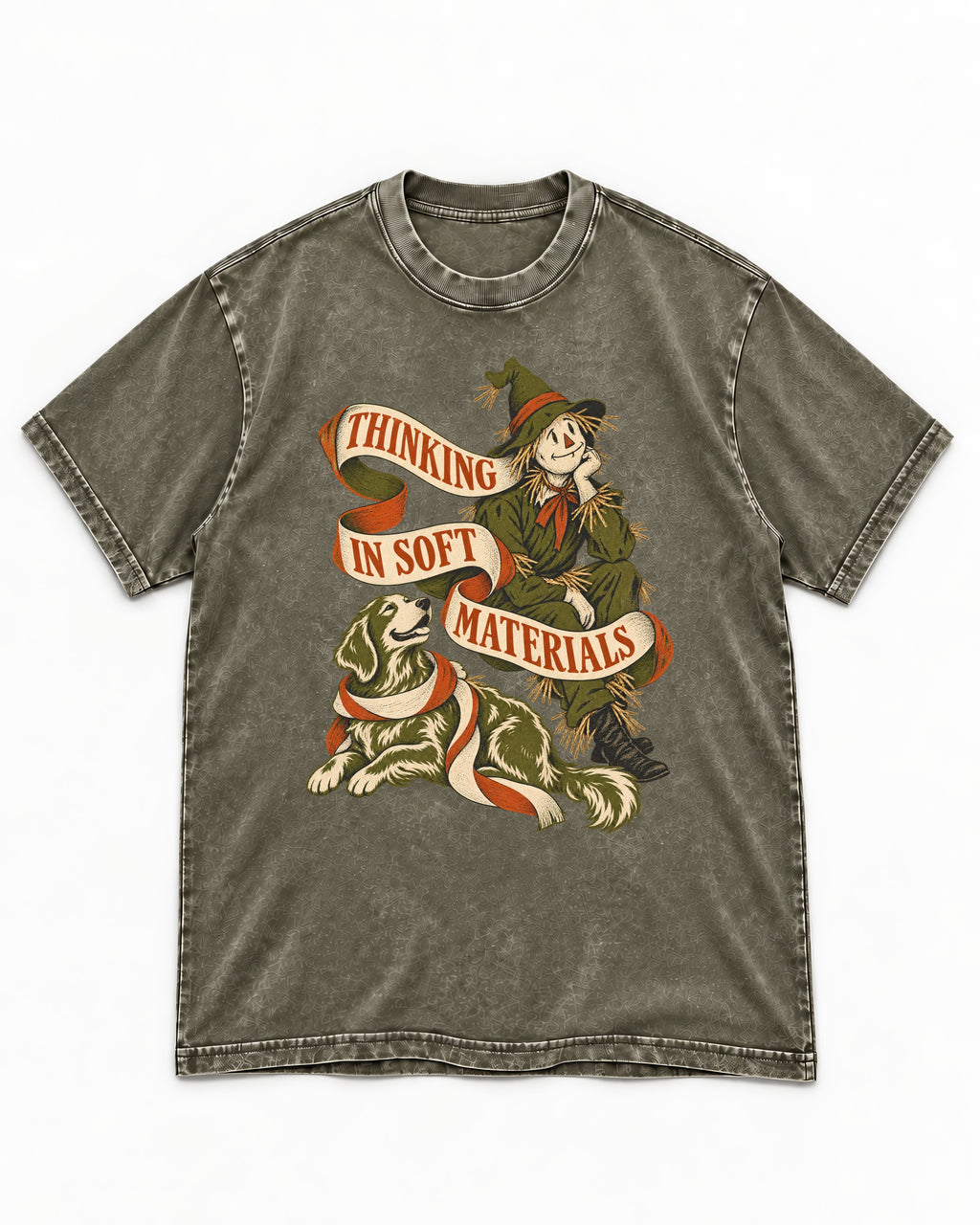 Golden Retriever Thinking in Soft Materials Scarecrow Graphic Washed Tee in Army Green, flat lay product photo