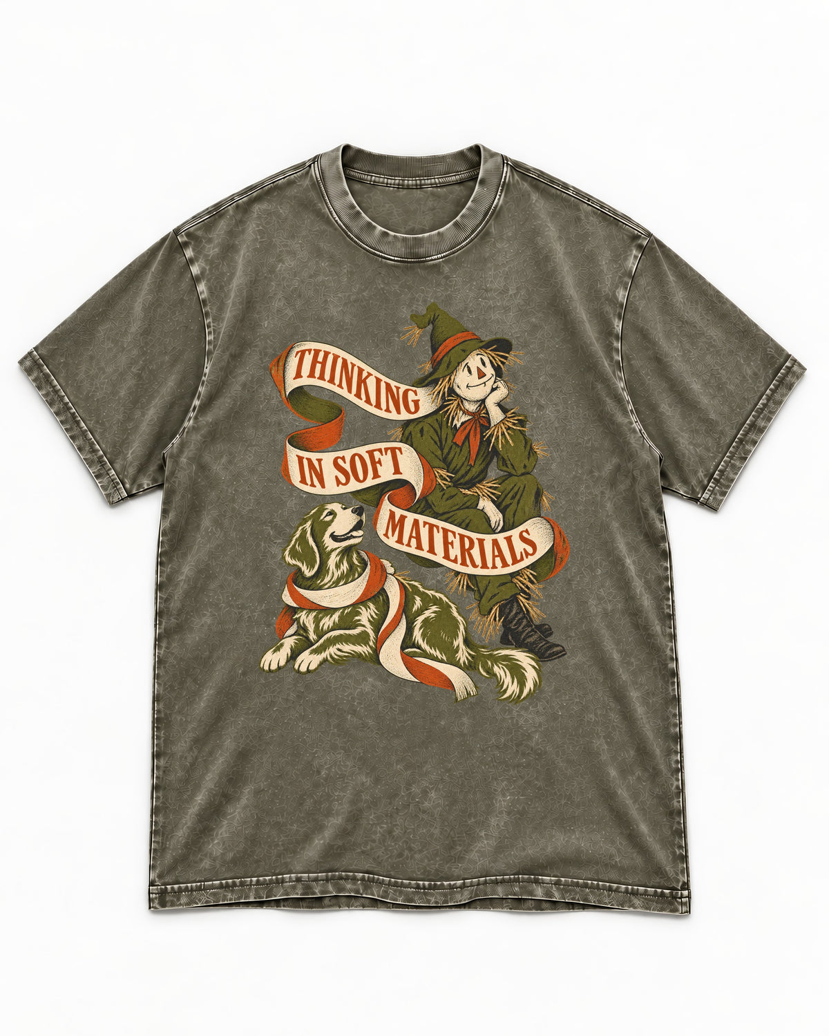 Golden Retriever Thinking in Soft Materials Scarecrow Graphic Washed Tee in Army Green, flat lay product photo
