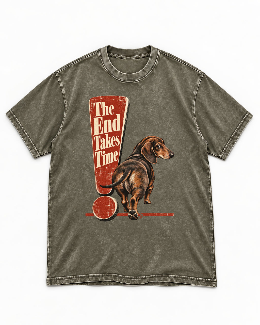 Dachshund The End Takes Time Exclamation Mark Graphic Washed Tee in Army Green, flat lay product photo