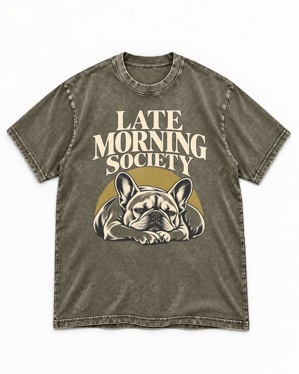 Frenchie Late Morning Society Graphic Washed Tee in Army Green, flat lay product photo