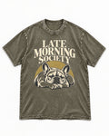 Frenchie Late Morning Society Graphic Washed Tee in Army Green, flat lay product photo