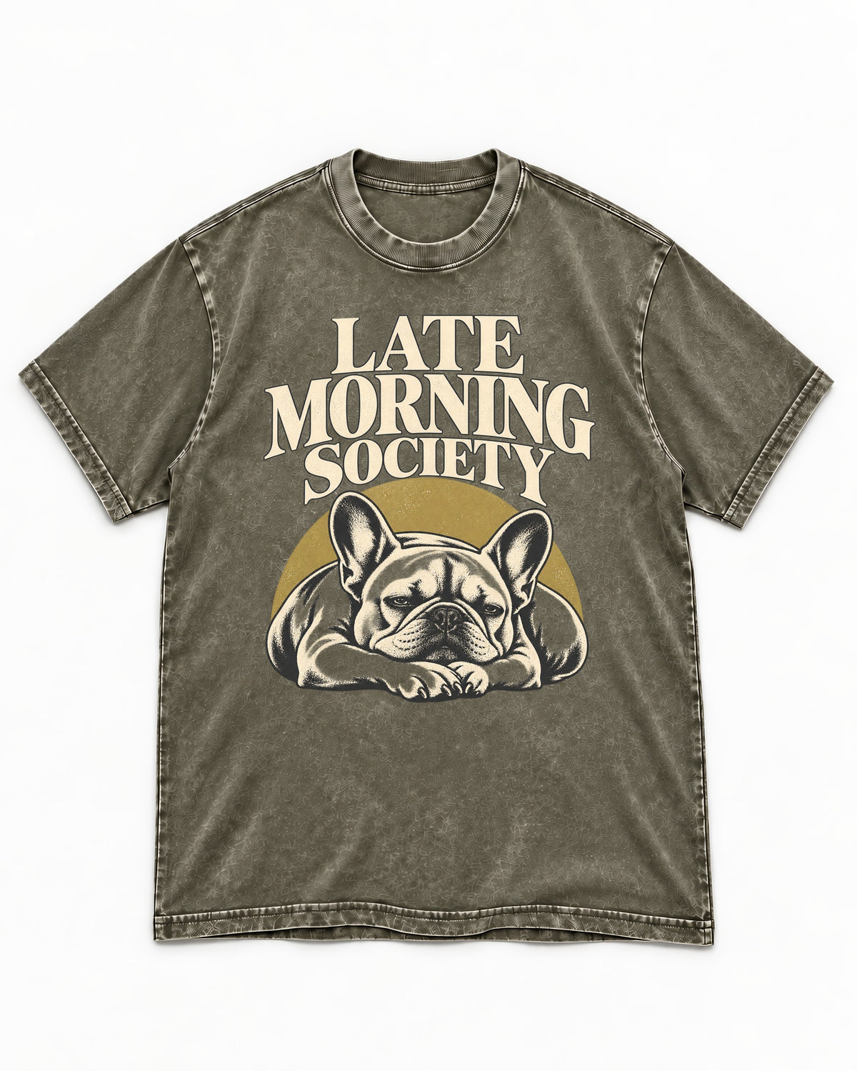 Frenchie Late Morning Society Graphic Washed Tee in Army Green, flat lay product photo