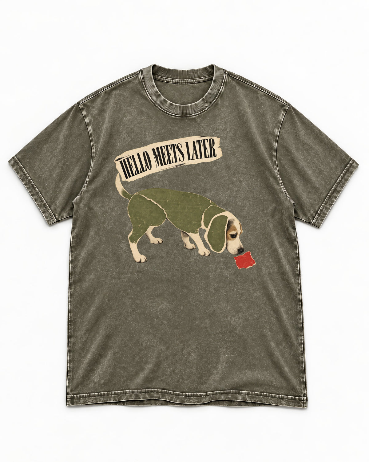 Hello Meets Later Beagle Washed Tee in Army Green, flat lay product photo