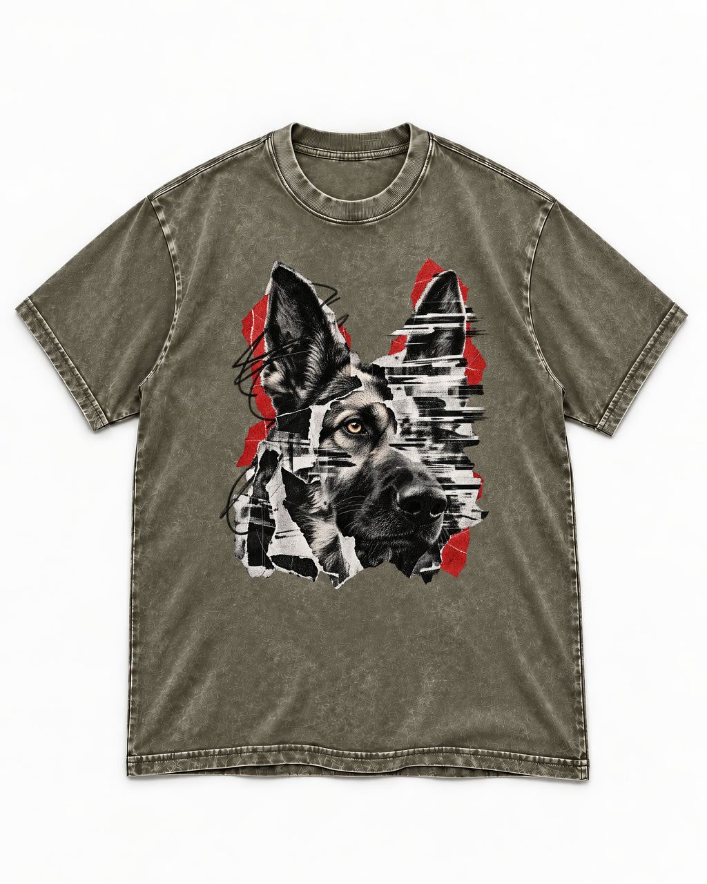 Black Signal Torn Collage German Shepherd Dog Portrait Graphic Washed Tee in Army Green, flat lay product photo