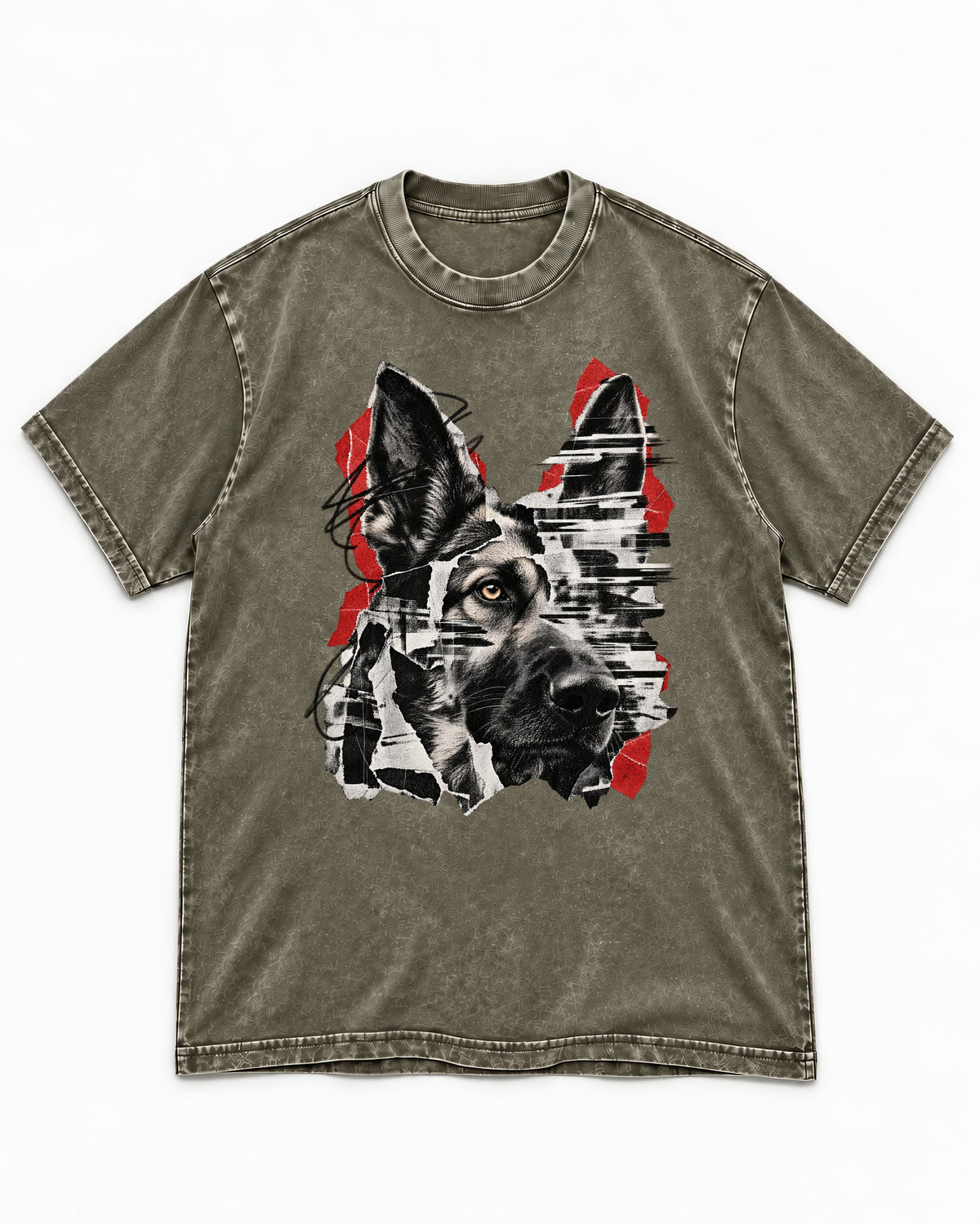 Black Signal Torn Collage German Shepherd Dog Portrait Graphic Washed Tee in Army Green, flat lay product photo