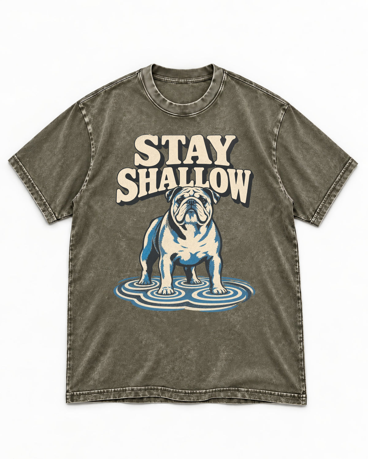 English Bulldog Stay Shallow Ripple Graphic Washed Tee in Army Green, flat lay product photo