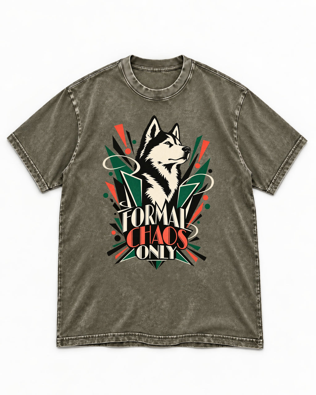 Husky Formal Chaos Only Art Deco Portrait Graphic Washed Tee in Army Green, flat lay product photo