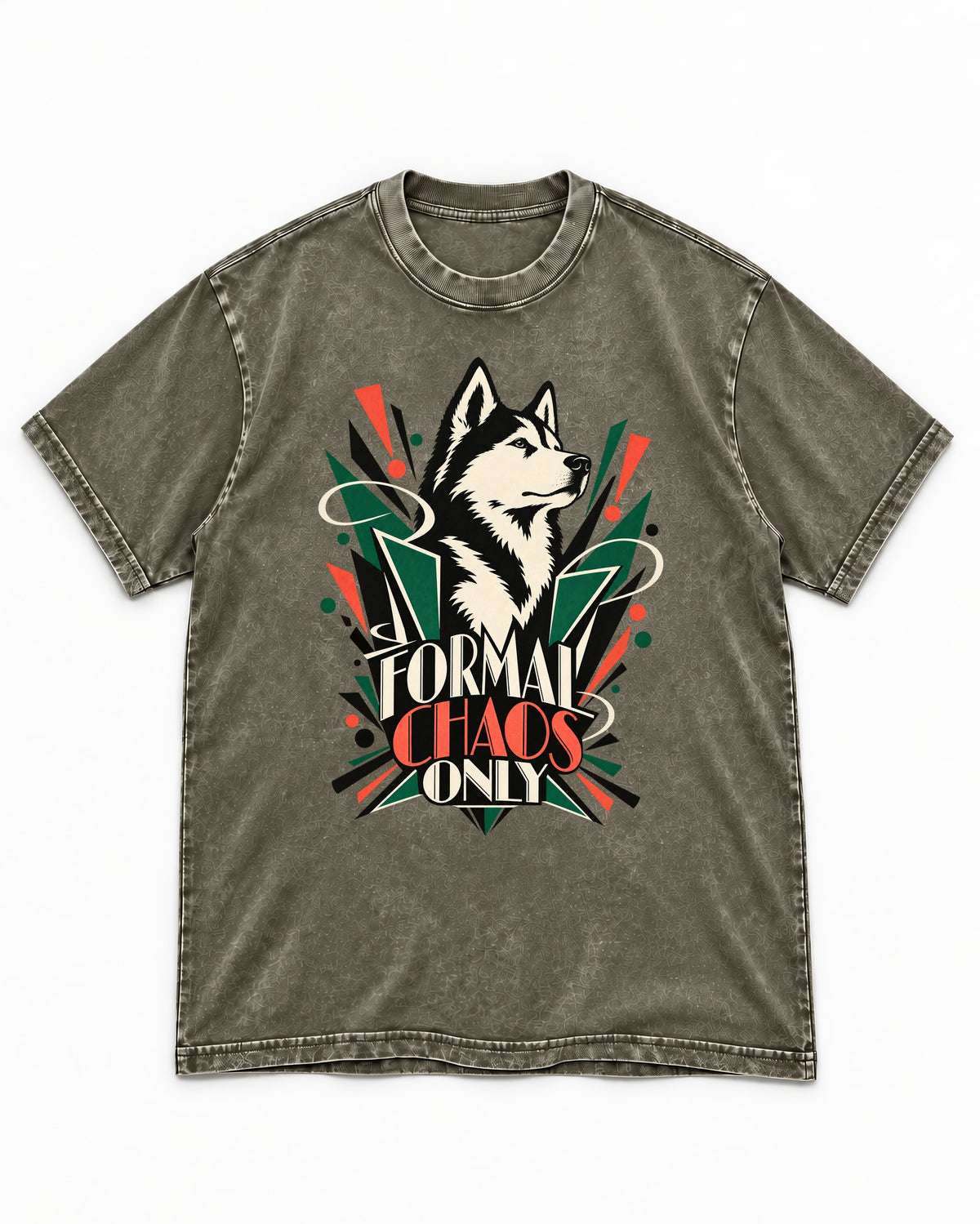 Husky Formal Chaos Only Art Deco Portrait Graphic Washed Tee in Army Green, flat lay product photo