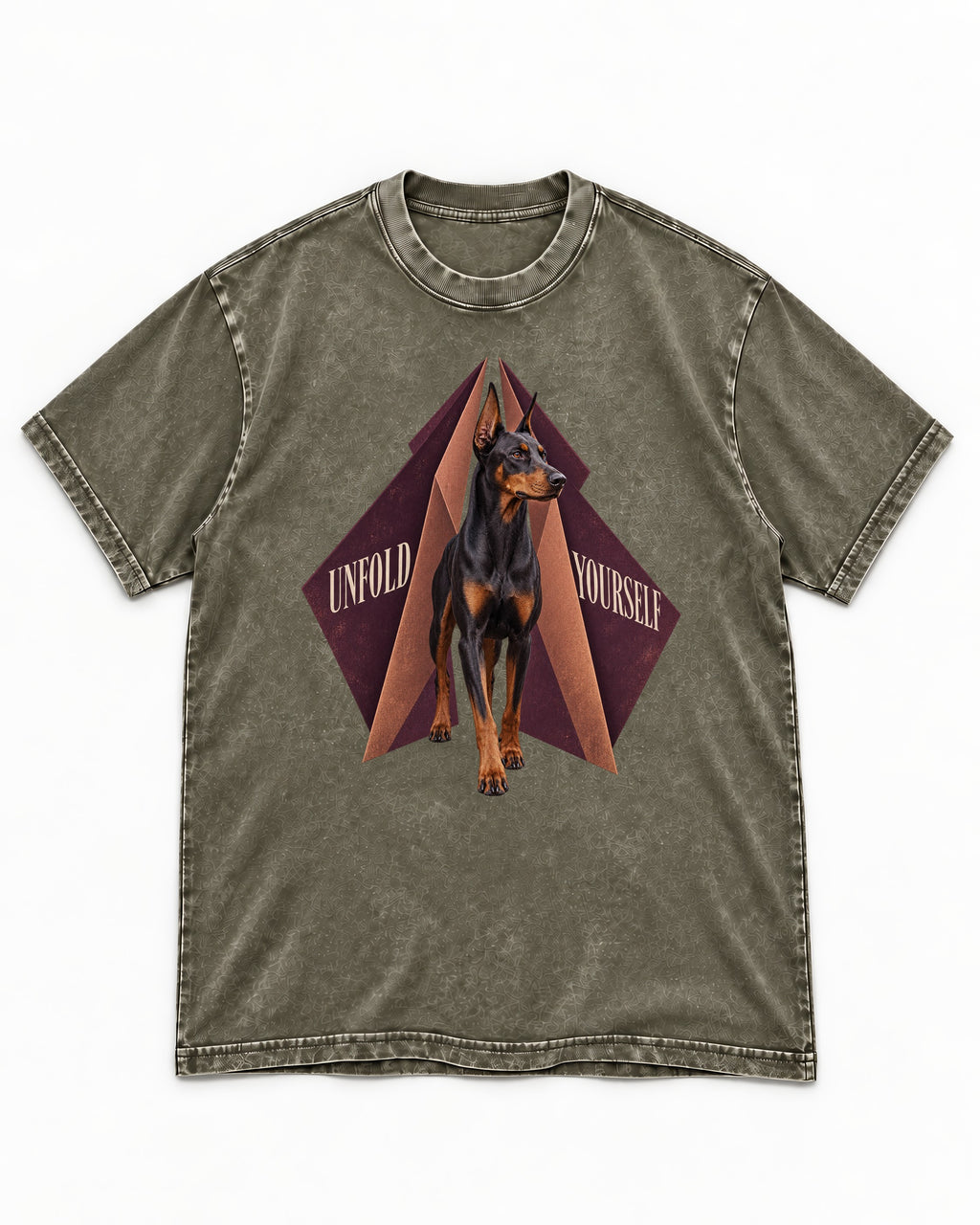 Doberman Unfold Yourself Geometric Portrait Graphic Washed Tee in Army Green, flat lay product photo
