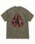 Doberman Unfold Yourself Geometric Portrait Graphic Washed Tee in Army Green, flat lay product photo