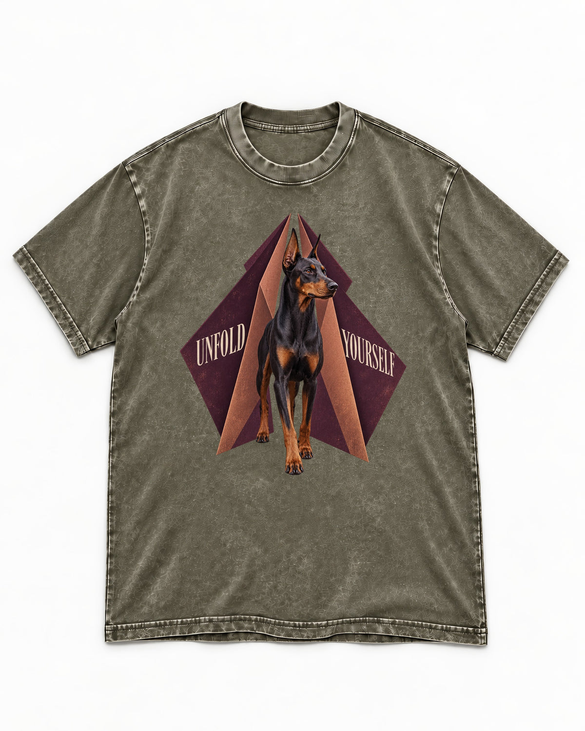 Doberman Unfold Yourself Geometric Portrait Graphic Washed Tee in Army Green, flat lay product photo