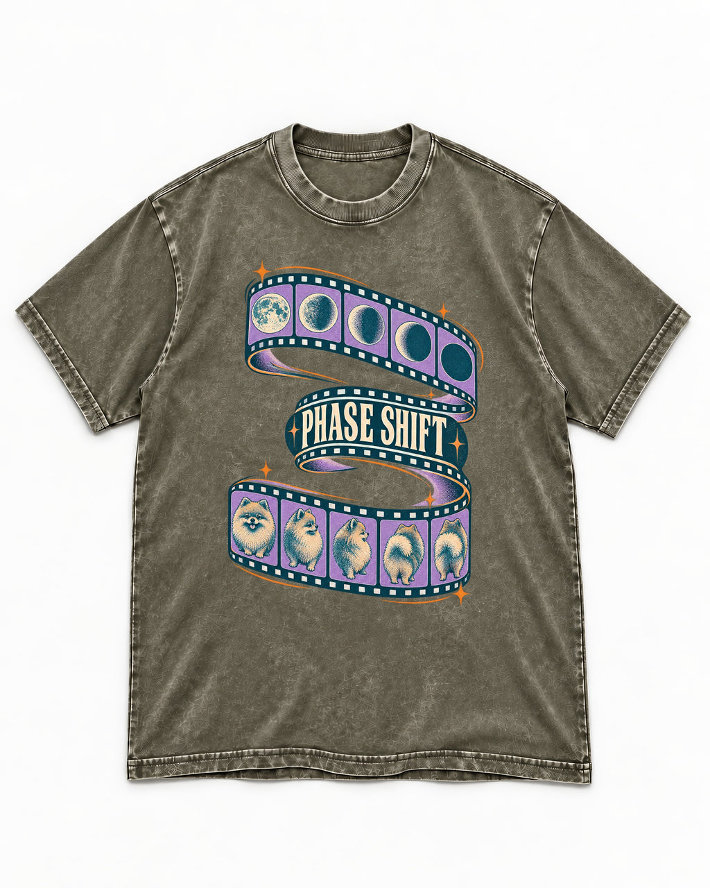 Pomeranian Phase Shift Filmstrip Graphic Washed Tee in Army Green, flat lay product photo