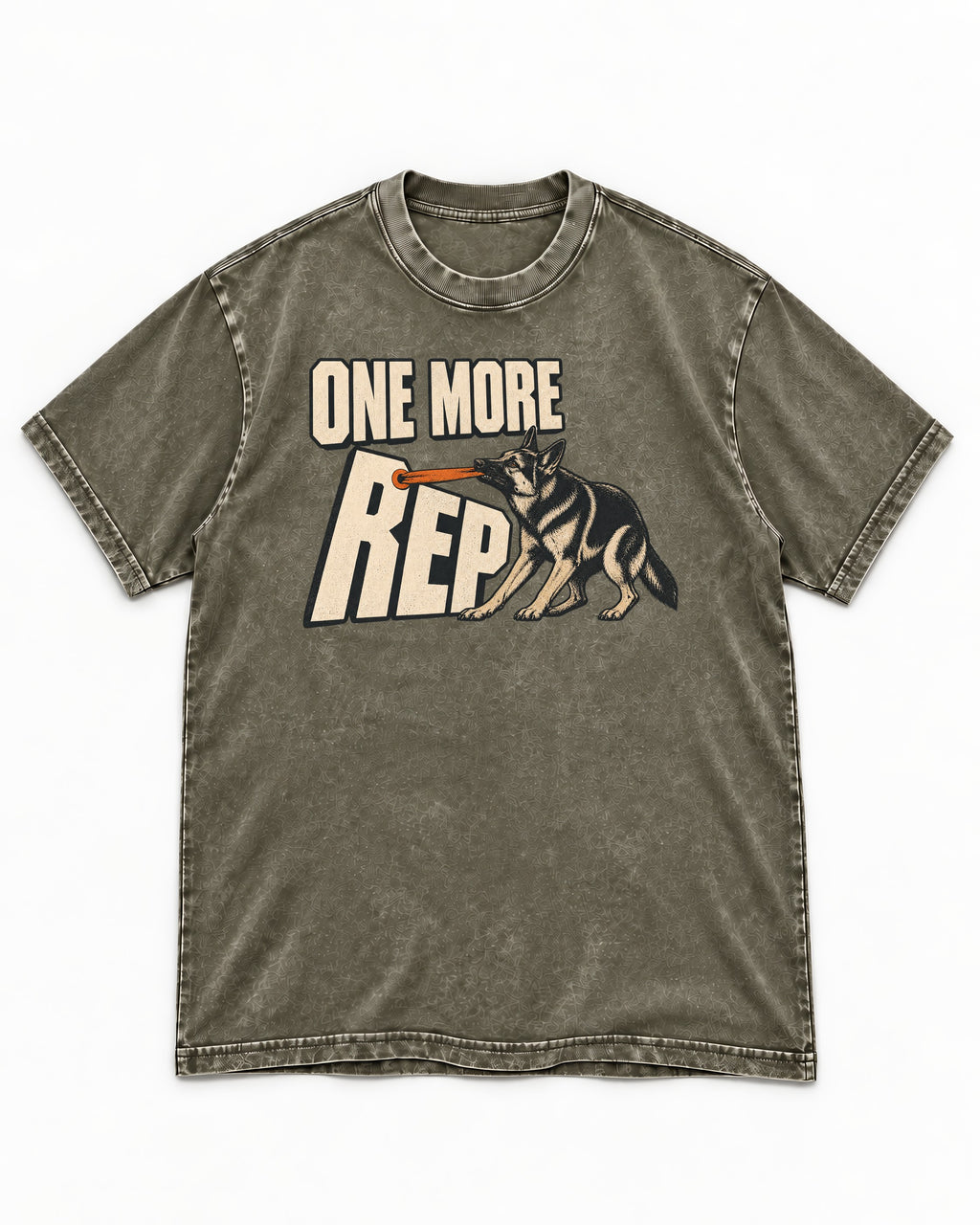 One More Rep Tug German Shepherd Dog Graphic Washed Tee in Army Green, flat lay product photo