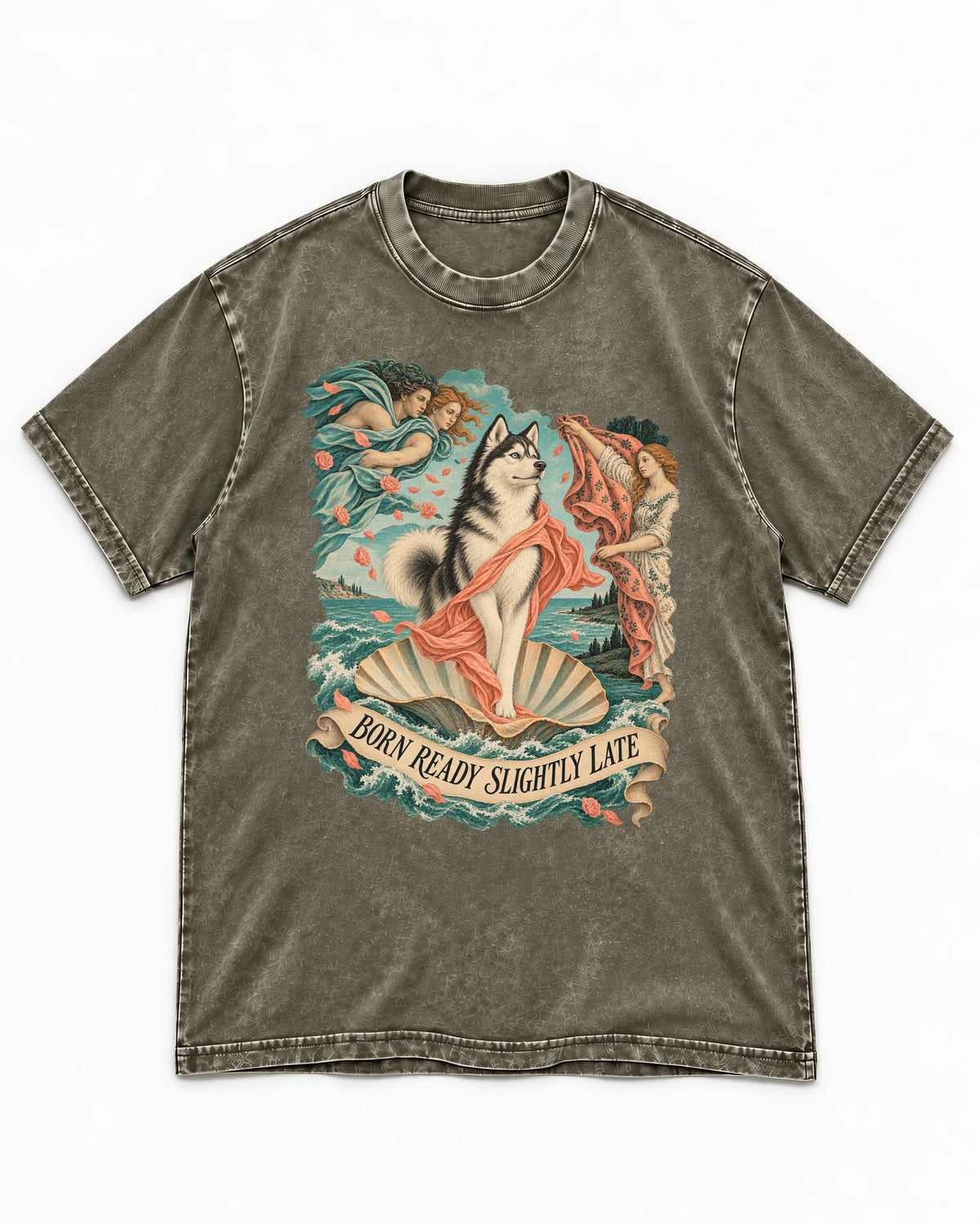 Husky Born Ready Slightly Late Renaissance Graphic Washed Tee in Army Green, flat lay product photo