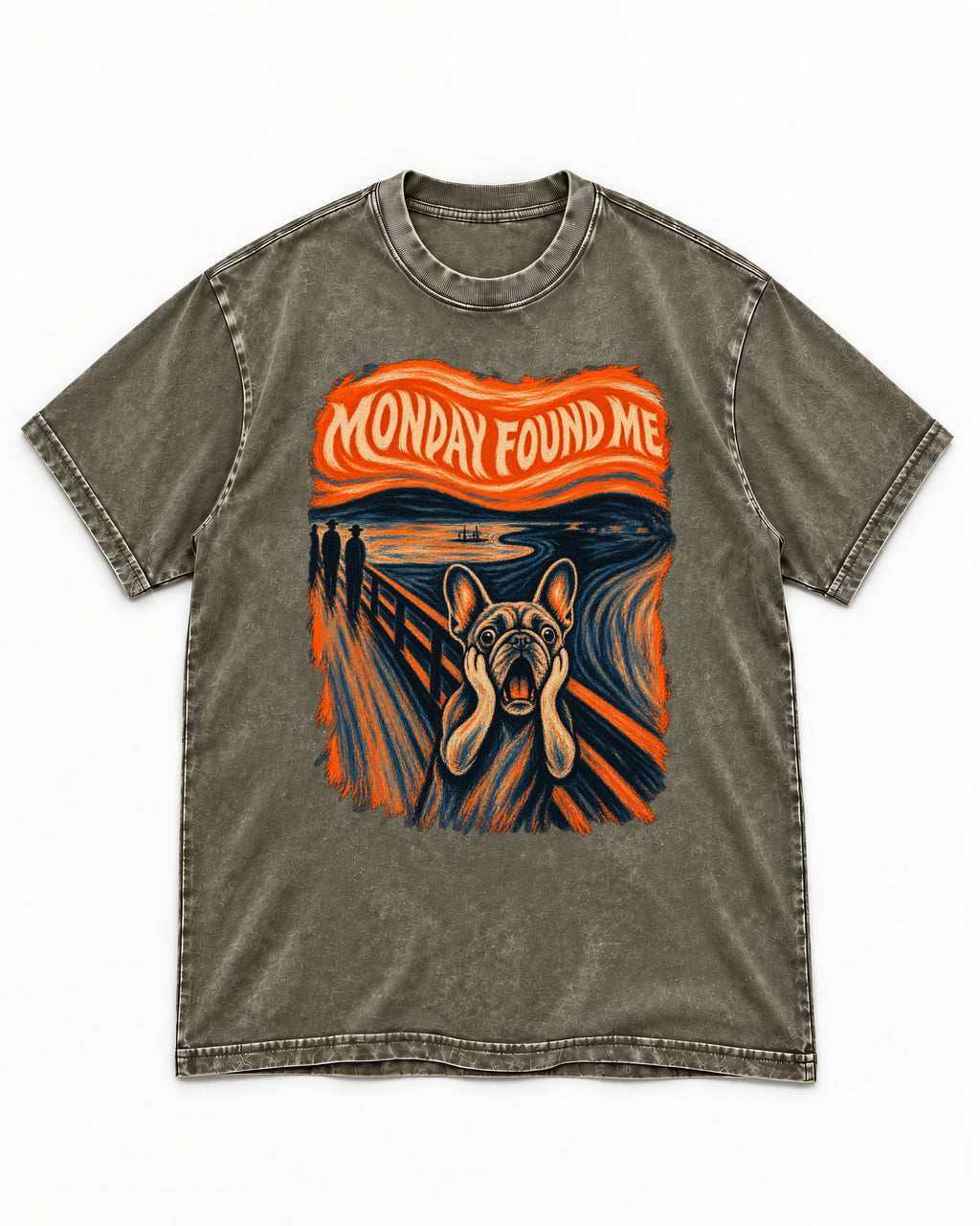 Frenchie Monday Found Me Scream Graphic 194 Washed Tee in Army Green, flat lay product photo