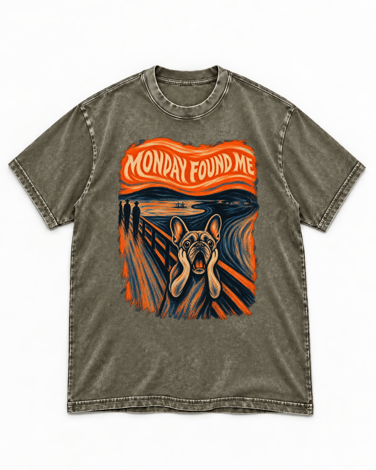 Frenchie Monday Found Me Scream Graphic 194 Washed Tee in Army Green, flat lay product photo