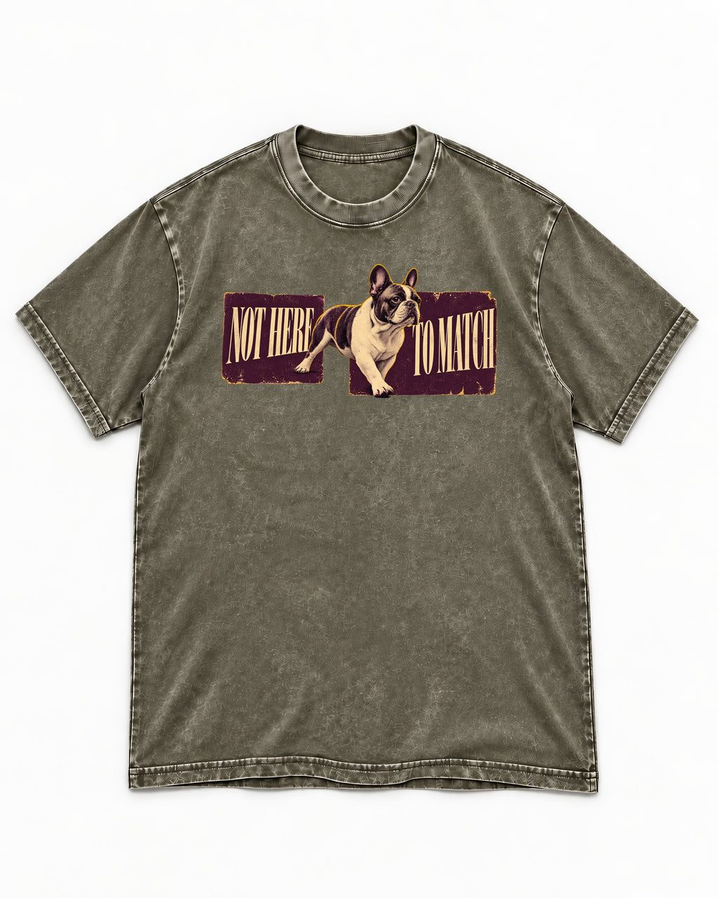 Frenchie Not Here to Watch Panels Graphic Washed Tee in Army Green, flat lay product photo