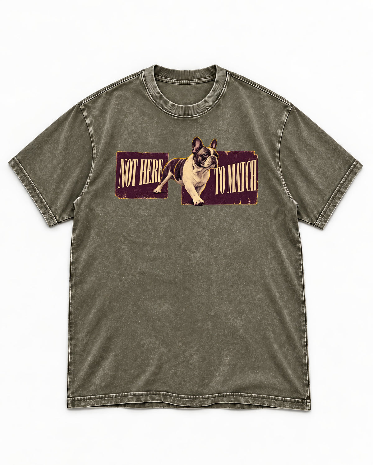 Frenchie Not Here to Watch Panels Graphic Washed Tee in Army Green, flat lay product photo