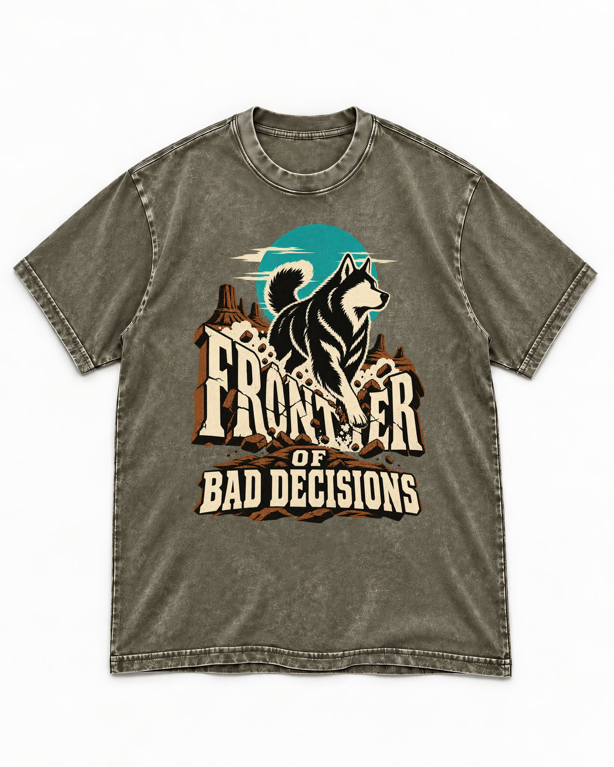 Husky Frontier of Bad Decisions Desert Graphic Washed Tee in Army Green, flat lay product photo