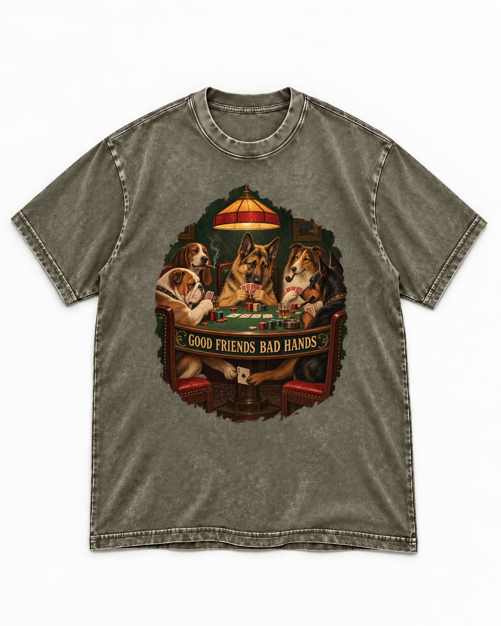 German Shepherd Dog Good Friends Bad Hands Poker Graphic Washed Tee in Army Green, flat lay product photo