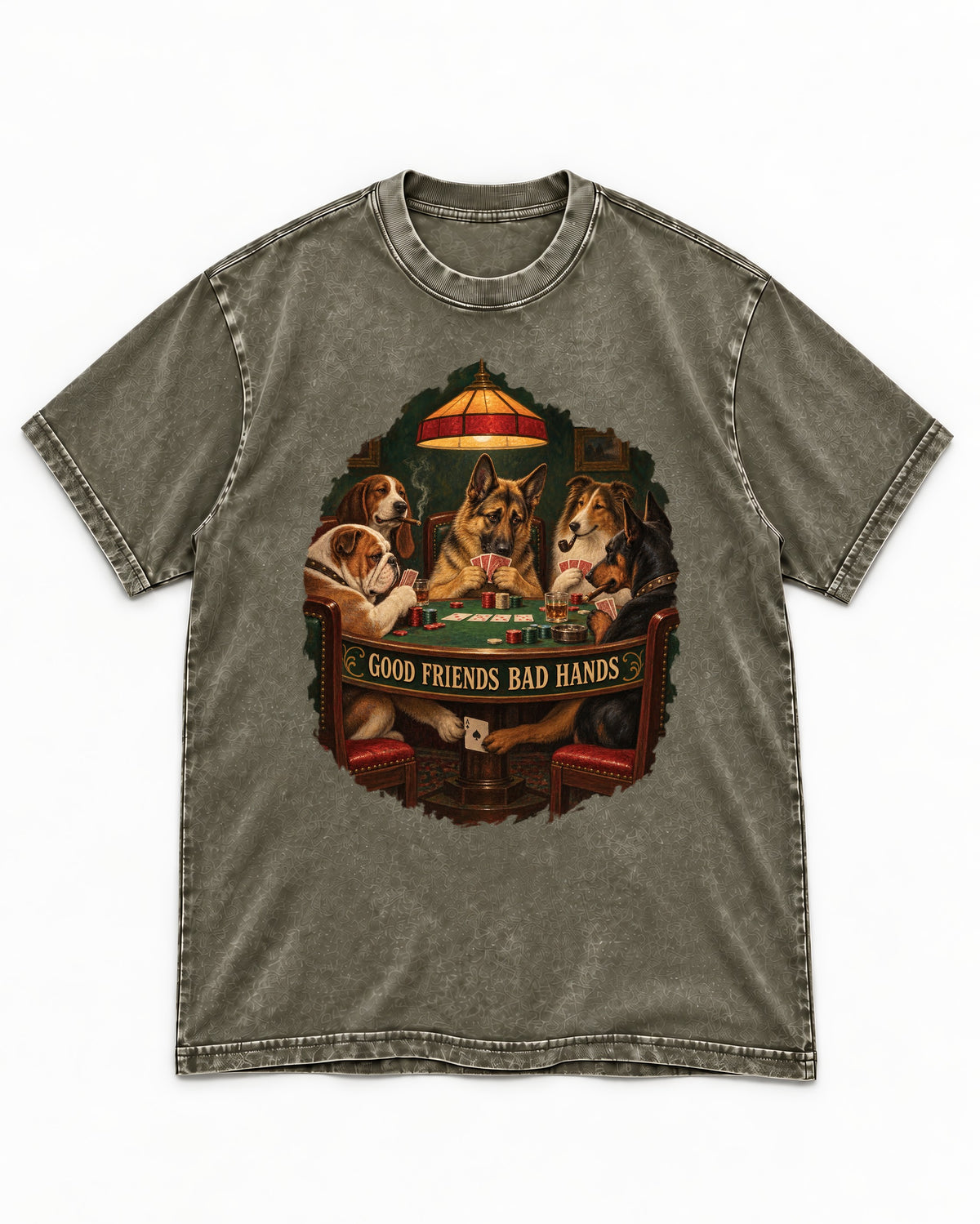 German Shepherd Dog Good Friends Bad Hands Poker Graphic Washed Tee in Army Green, flat lay product photo