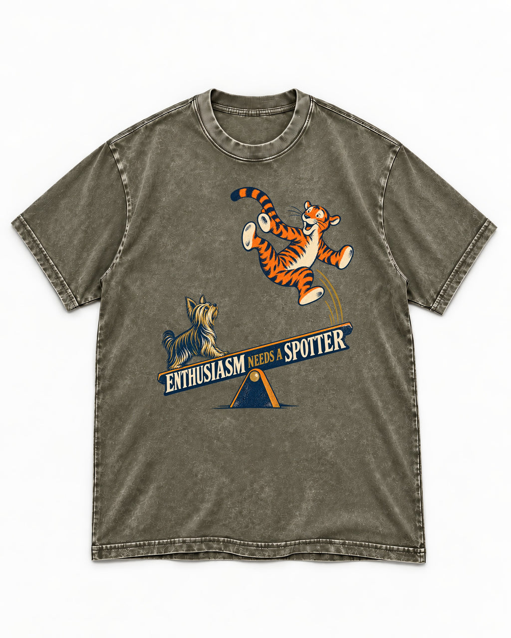 Yorkshire Terrier Enthusiasm Needs a Spotter Seesaw Graphic Washed Tee in Army Green, flat lay product photo