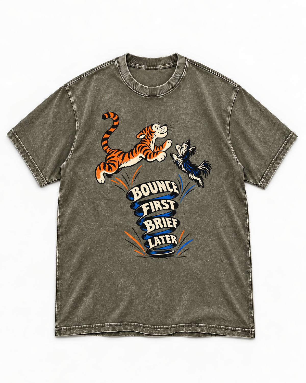 Yorkshire Terrier Bounce First Brief Later Tiger Graphic Washed Tee in Army Green, flat lay product photo