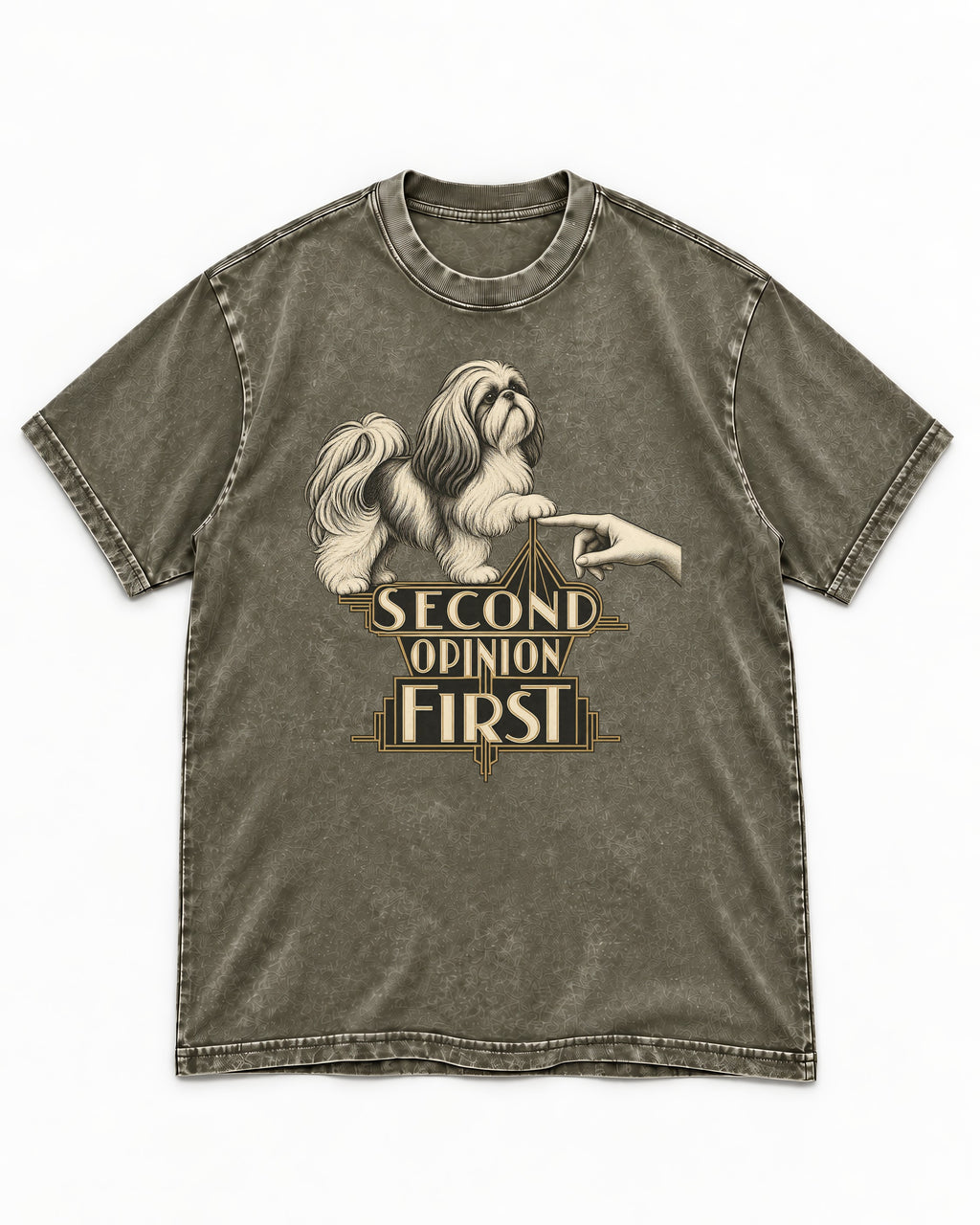 Shih Tzu Second Opinion First Art Deco Graphic Washed Tee in Army Green, flat lay product photo