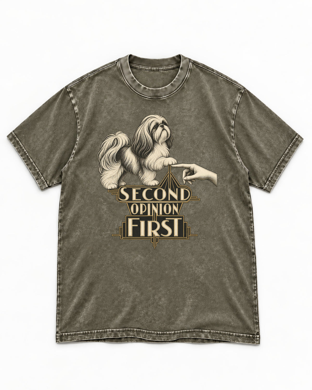 Shih Tzu Second Opinion First Art Deco Graphic Washed Tee in Army Green, flat lay product photo