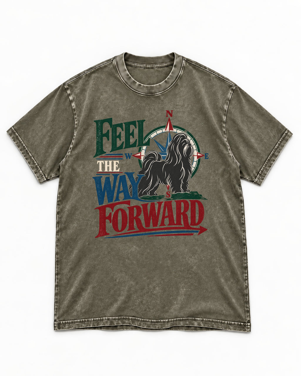 Shih Tzu Feel the Way Forward Compass Graphic Washed Tee in Army Green, flat lay product photo