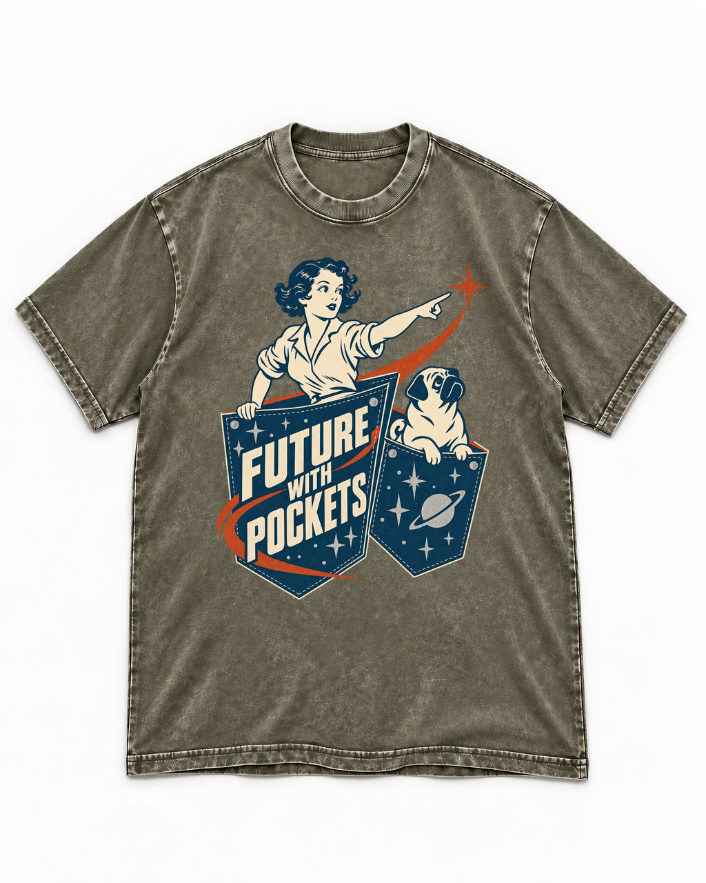 Pug Future with Pockets Space Pocket Graphic Washed Tee in Army Green, flat lay product photo