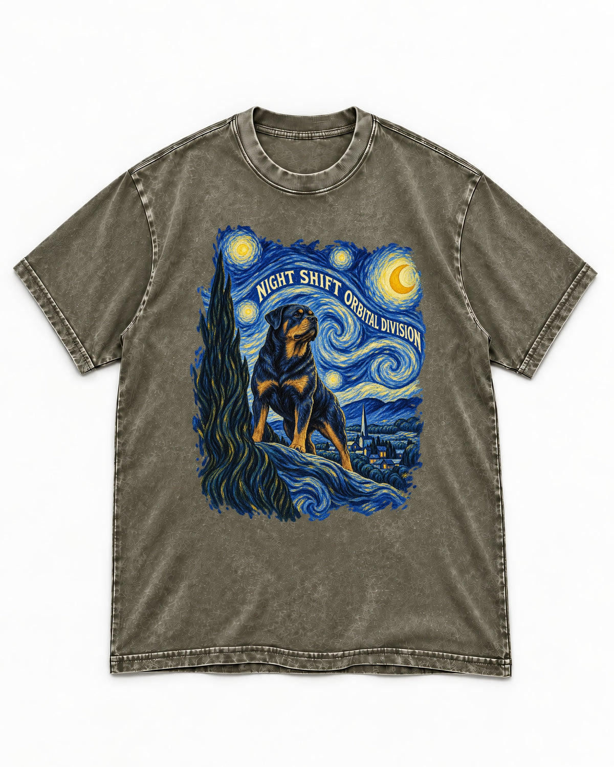 Rottweiler Night Shift Orbital Division Starry Night Graphic Washed Tee in Army Green, flat lay product photo