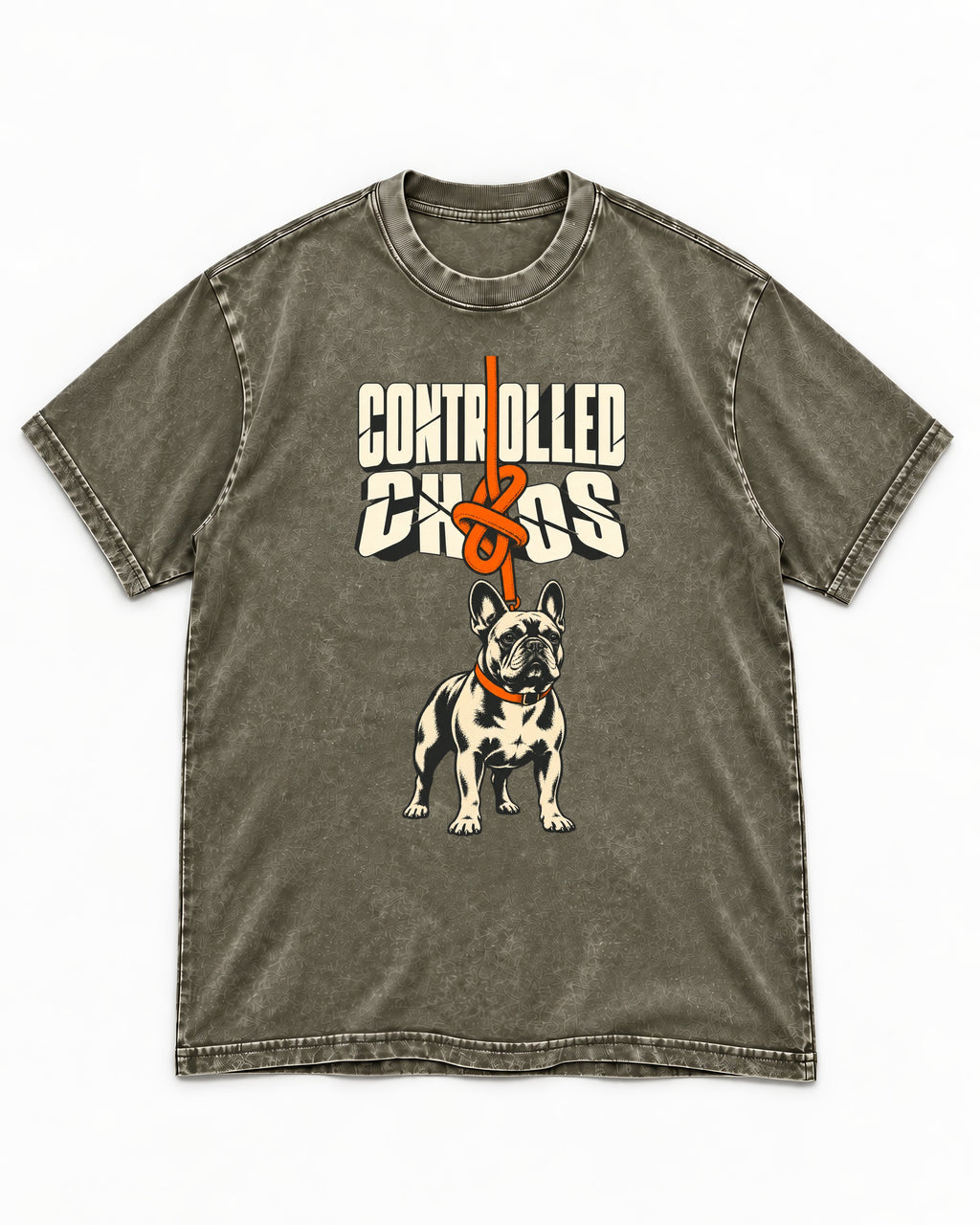 Frenchie Controlled Chaos Leash Knot Graphic Washed Tee in Army Green, flat lay product photo