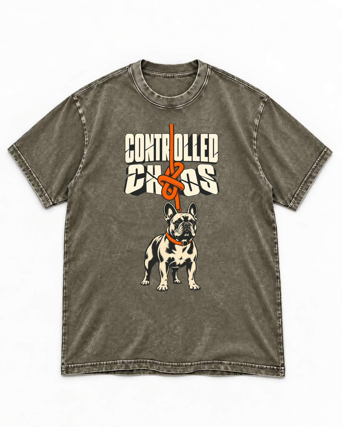 Frenchie Controlled Chaos Leash Knot Graphic Washed Tee in Army Green, flat lay product photo