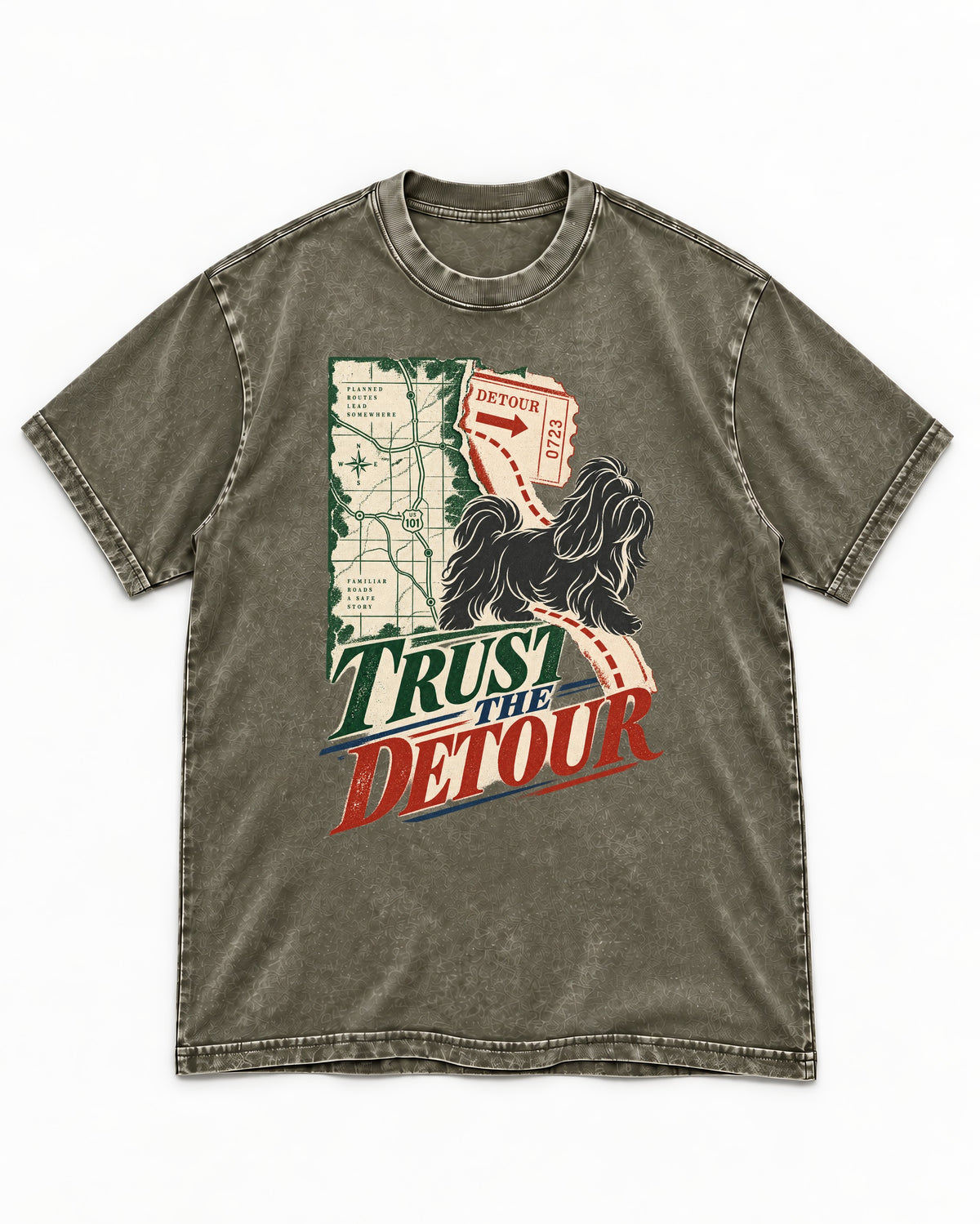 Shih Tzu Trust the Detour Road Map Graphic Washed Tee in Army Green, flat lay product photo