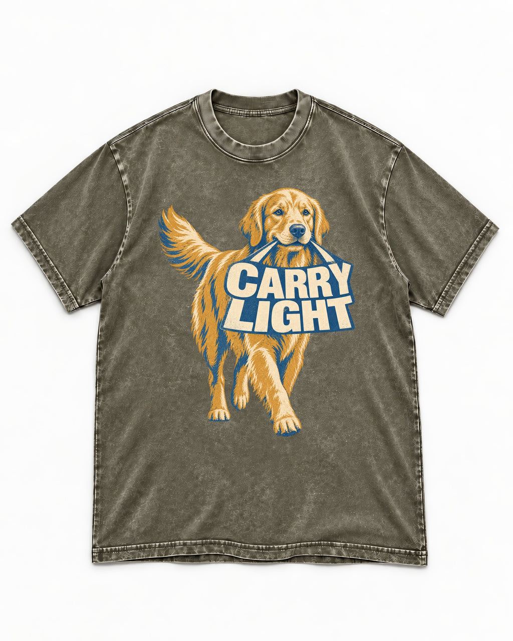 Golden Retriever Carry Light Sign Graphic Washed Tee in Army Green, flat lay product photo
