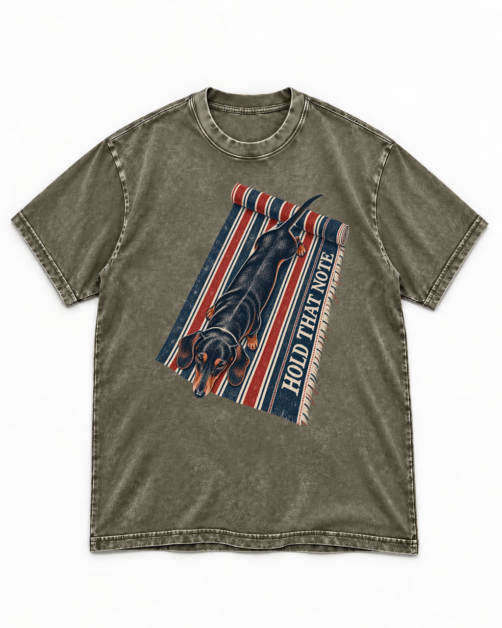 Dachshund Hold That Note Striped Rug Graphic Washed Tee in Army Green, flat lay product photo