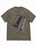 Dachshund Hold That Note Striped Rug Graphic Washed Tee in Army Green, flat lay product photo