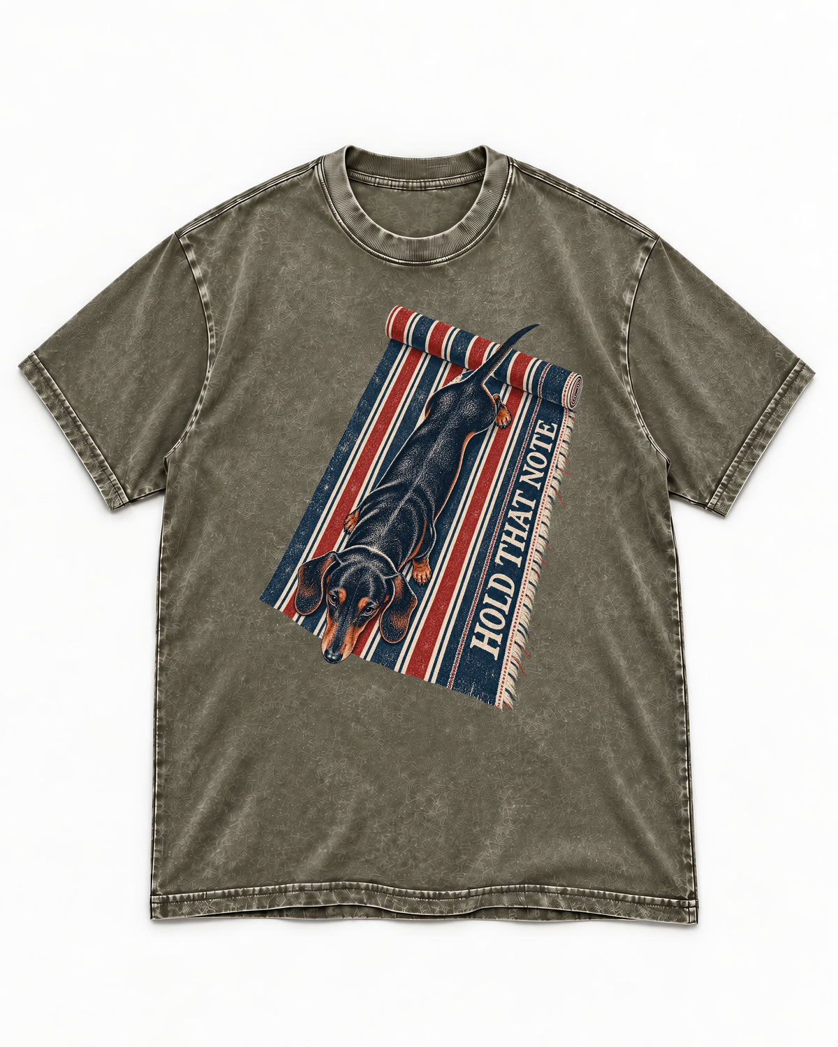 Dachshund Hold That Note Striped Rug Graphic Washed Tee in Army Green, flat lay product photo
