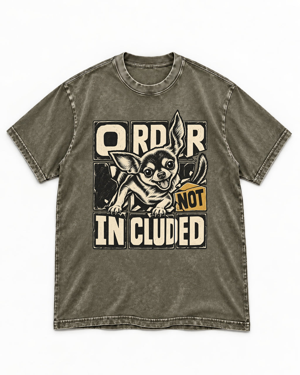 Chihuahua Order Not Included Broken Grid Graphic Washed Tee in Army Green, flat lay product photo